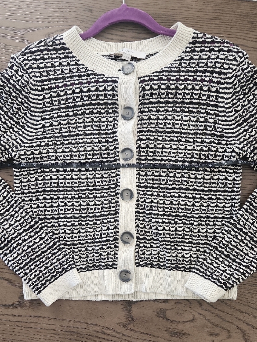 LOFT Black and Cream Button-Front Textured Cardigan - Picture 5 of 9
